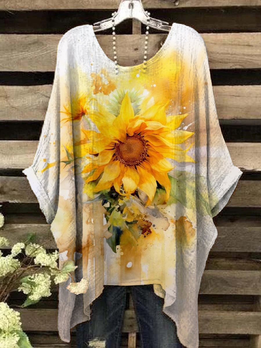 Women's Oil Painting Sunflower Print Design Top
