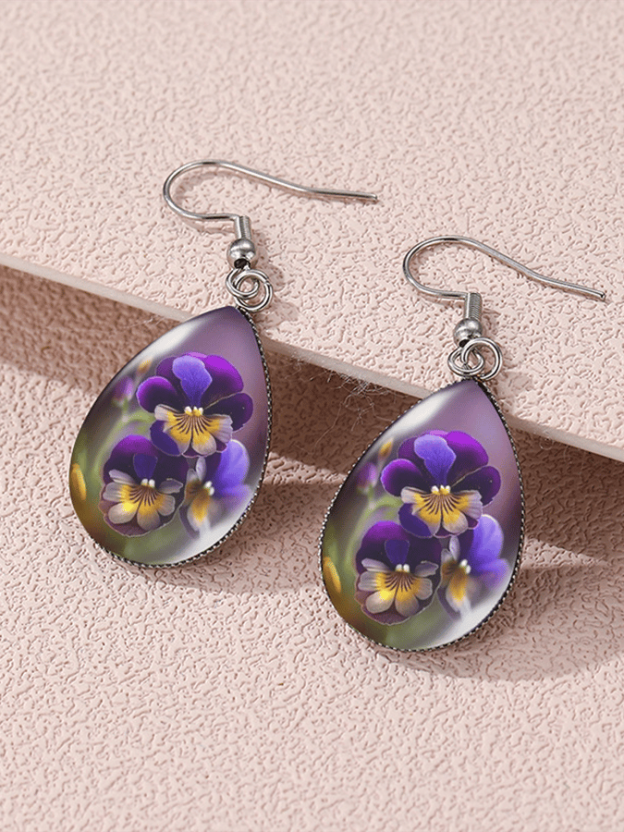 Purple Drop-Shaped Pansy Flower Design Earrings