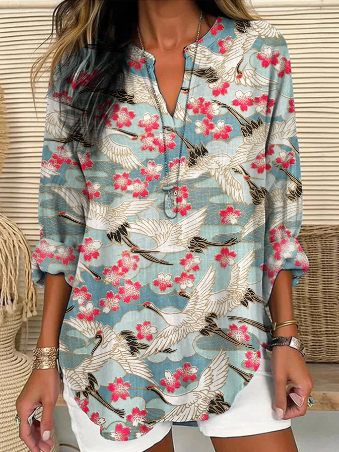 Women's Japanese Chiyogami Cherry Blossom Art Print Linen V-neck Shirt