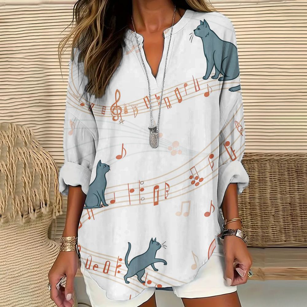 Music Cat Element Printed Women's V-neck Long Sleeve Shirt