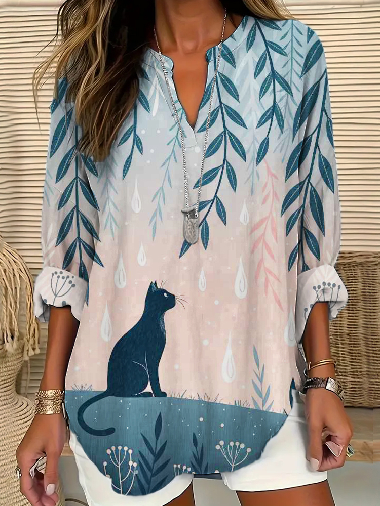 Elegant Cat Element Printed Women's V-neck Long Sleeve Shirt