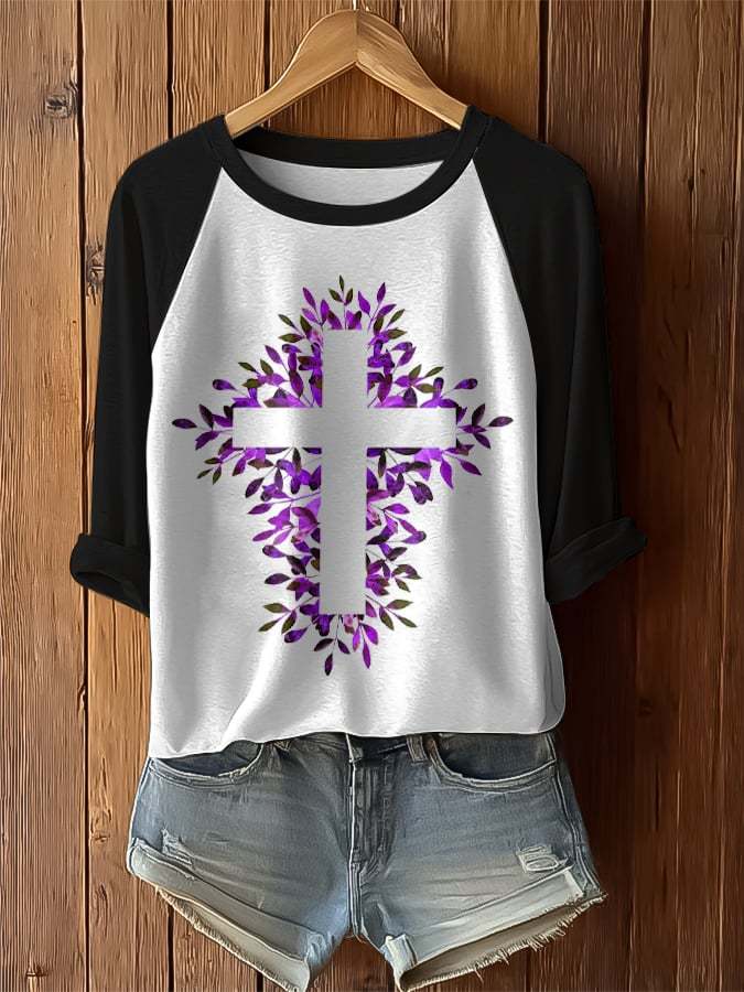 Women's Retro Purple Floral Print Raglan Sleeve T-Shirt