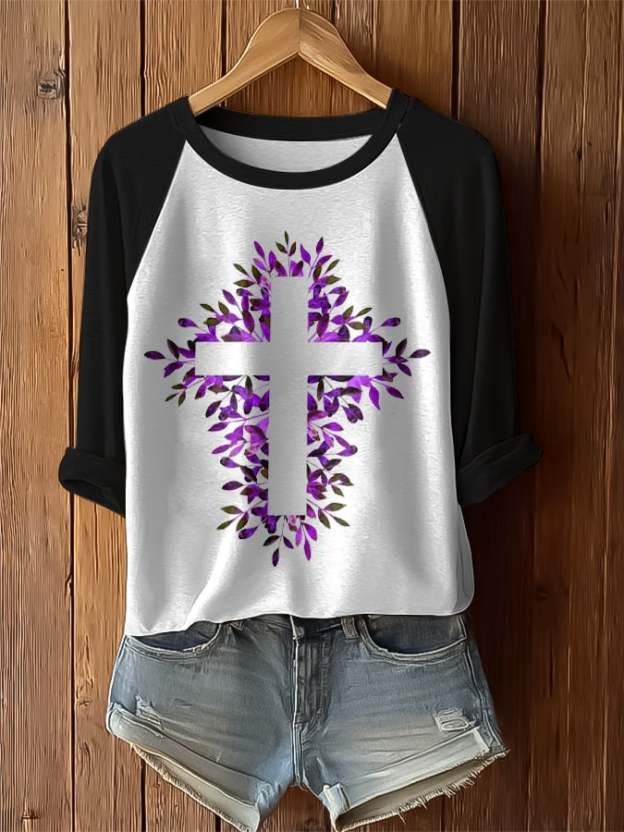 Women's Retro Purple Floral Print Raglan Sleeve T-Shirt