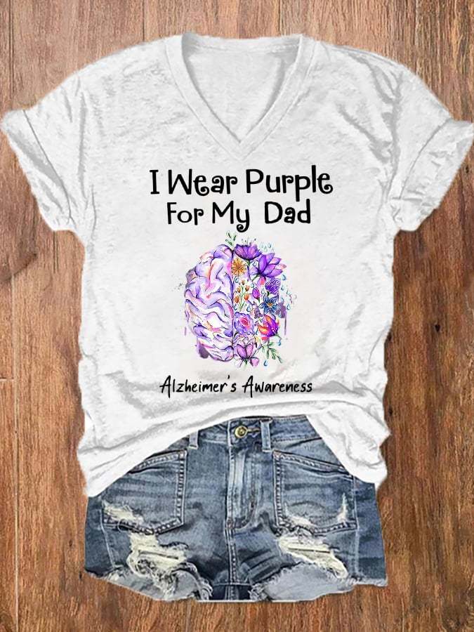 Women's I Wear Purple For My Dad Alzheimer's Awareness V-Neck Tee
