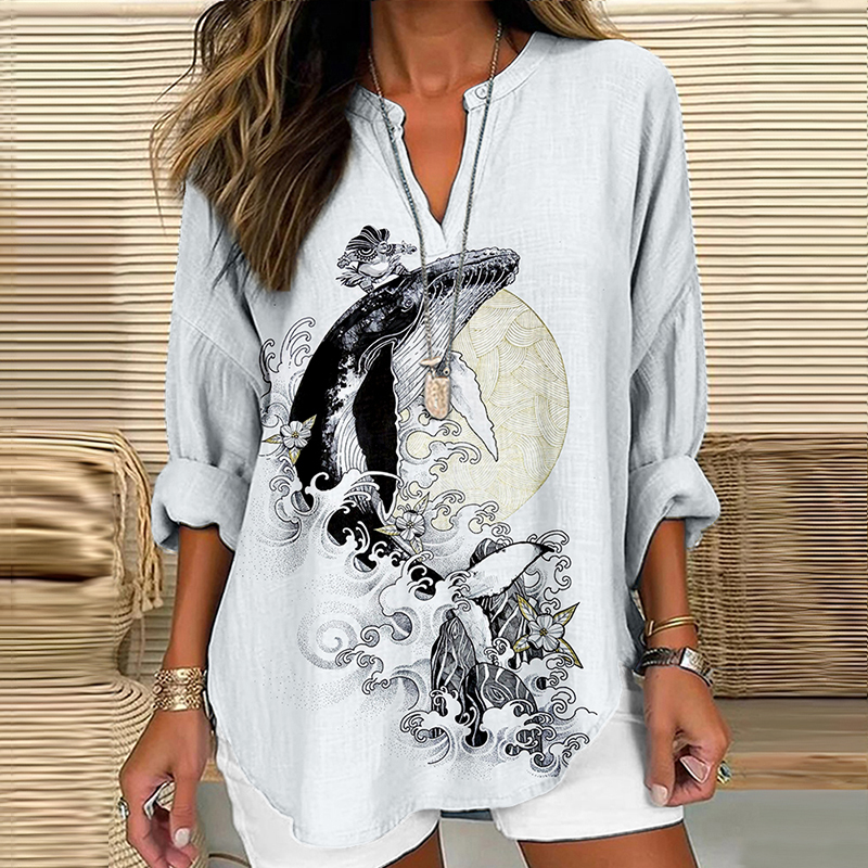 Vintage Japanese Whale Art Linen Blend Cozy Tunic