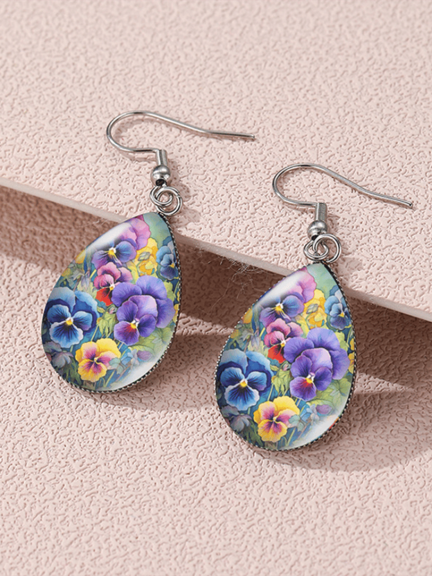 Purple Drop-Shaped Pansy Flower Design Earrings