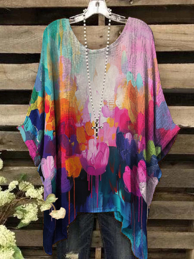 Women's Oil Painting Abstract Print Vintage Top