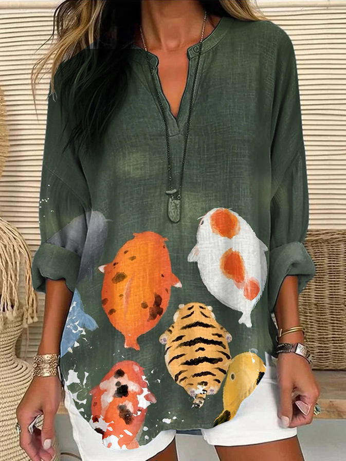 Women's Vintage Japanese Art Fat Koi Tiger Print Linen V-neck Shirt