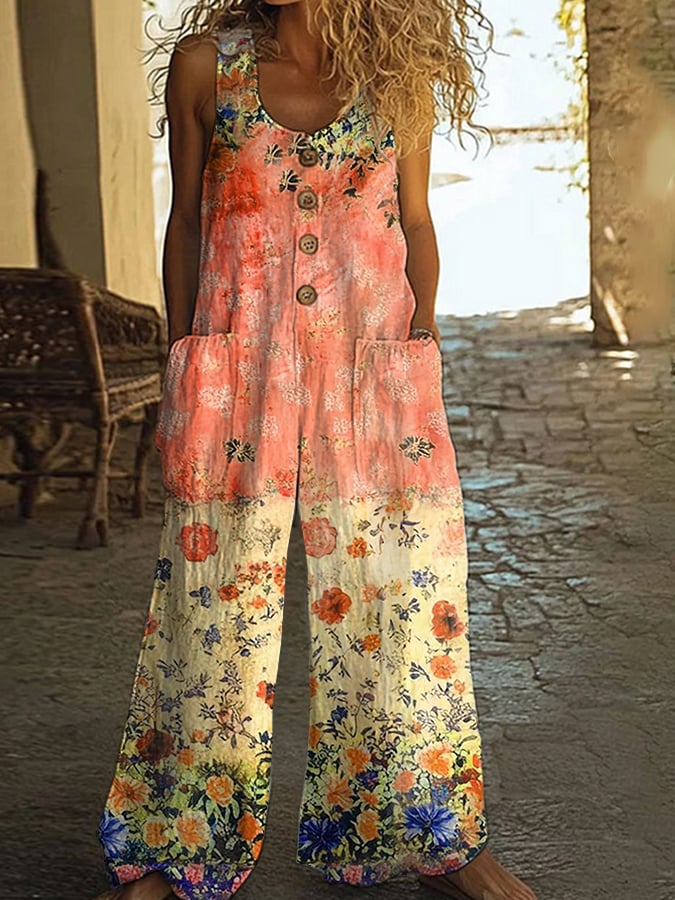 Women's Casual Retro Plant Patchwork Floral Jumpsuit