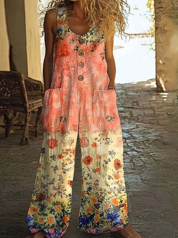 Women's Casual Retro Plant Patchwork Floral Jumpsuit