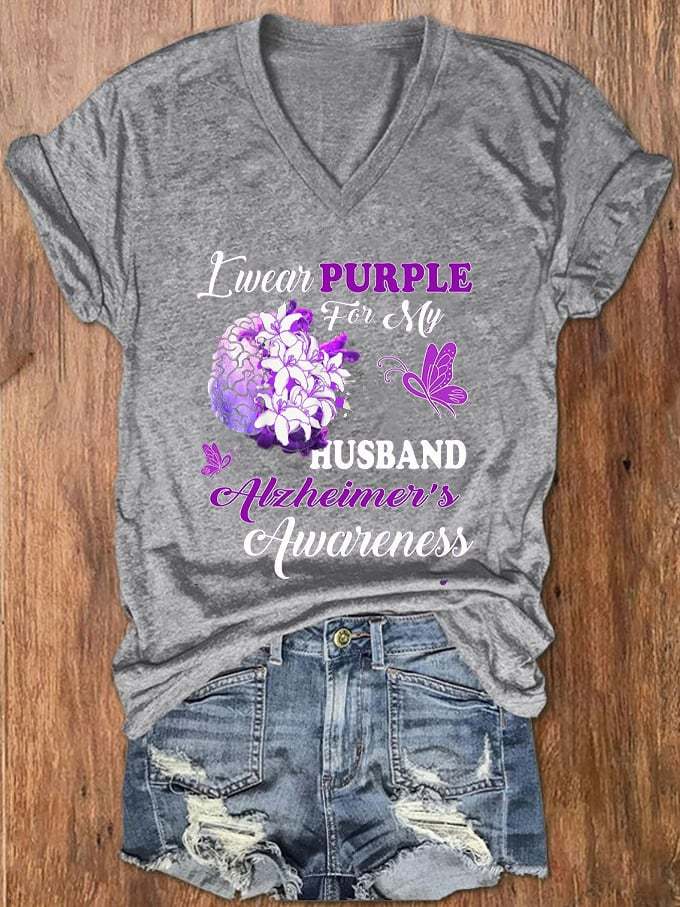 Women's I Wear Purple For My Husband Alzheimer's Disease Awareness Dementia Print V-Neck T-Shirt