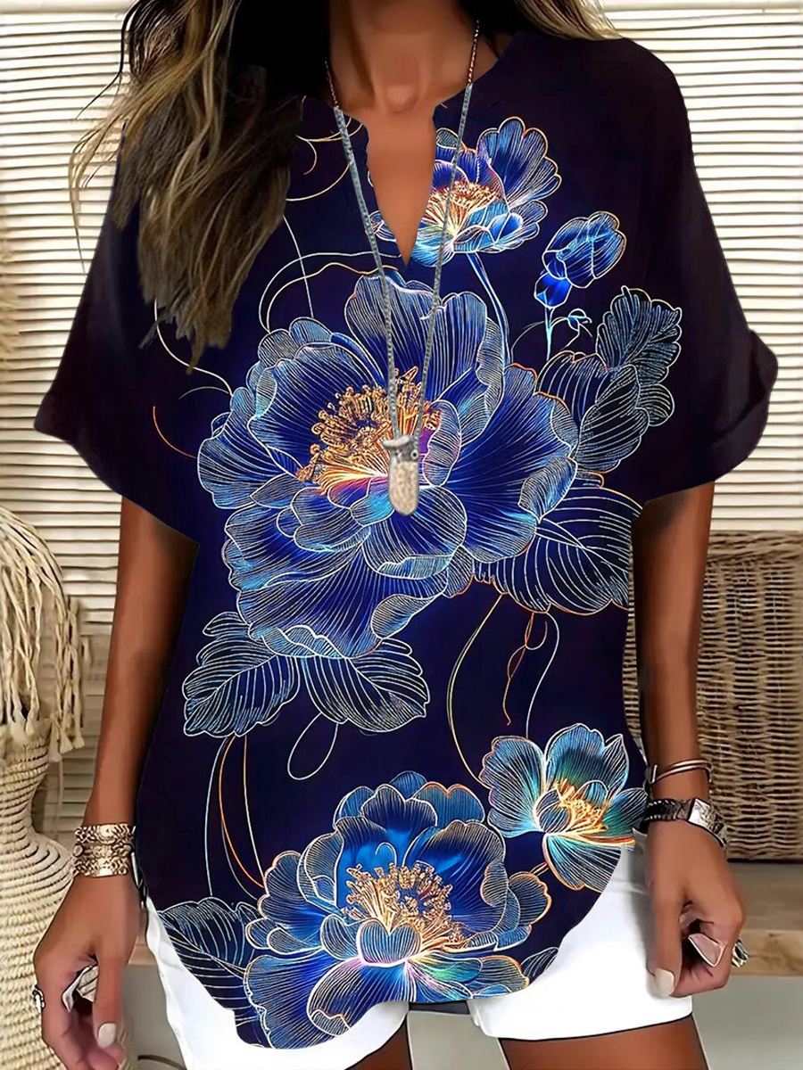 Japanese Art Flower Print Short Sleeve Linen V-Neck Shirt