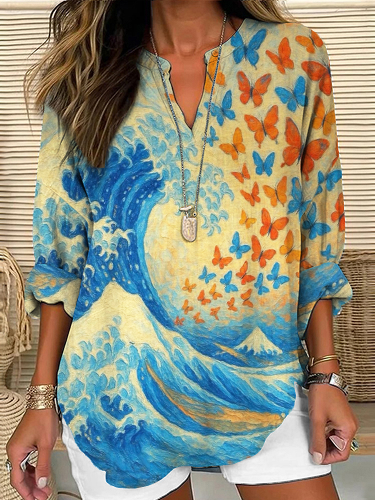 Great Wave Butterfly Japanese Art Comfy Linen Tunic