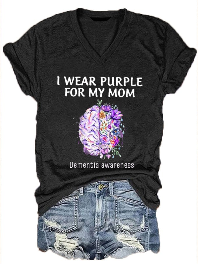 Women's I Wear Purple For My Mom Dementia Awareness Alzheimer's Disease Print V-Neck T-Shirt