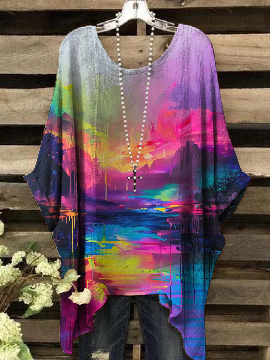 Women's Oil Painting Abstract Print Vintage Top