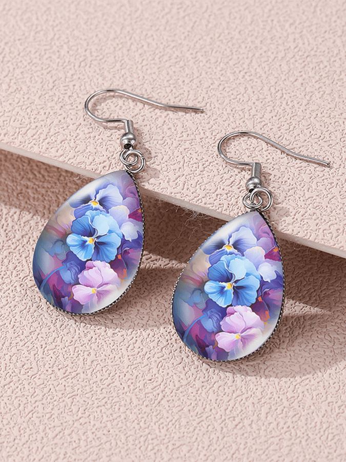 Purple Drop-Shaped Pansy Flower Design Earrings