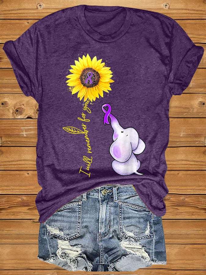 Women's Elephant I Will Remember For You Sunflower Alzheimer Print T-s