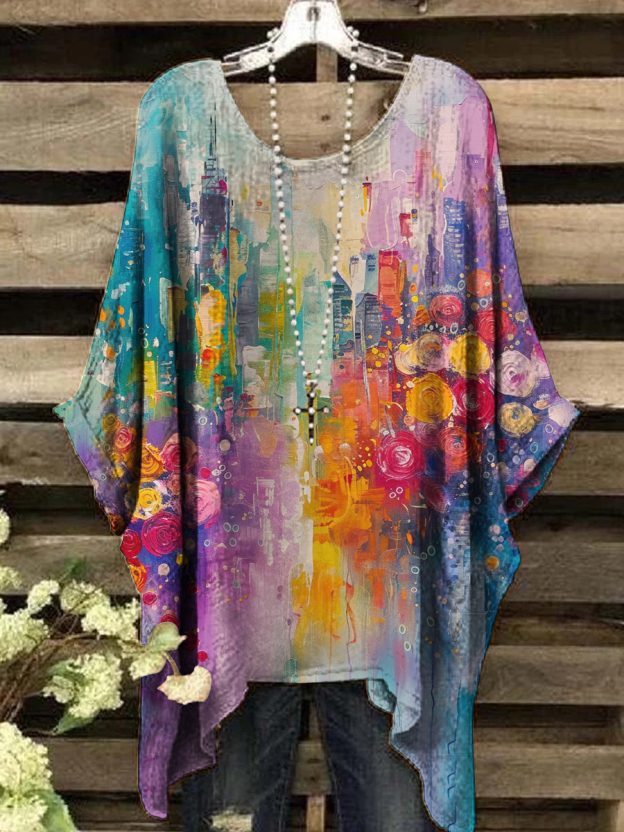 Women's Oil Painting Floral Print Vintage Top