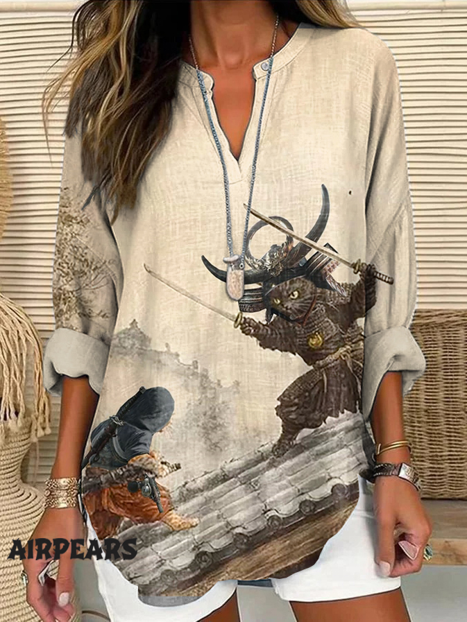 Cats at 3 am Japanese Art Pattern Linen V-neck Shirt