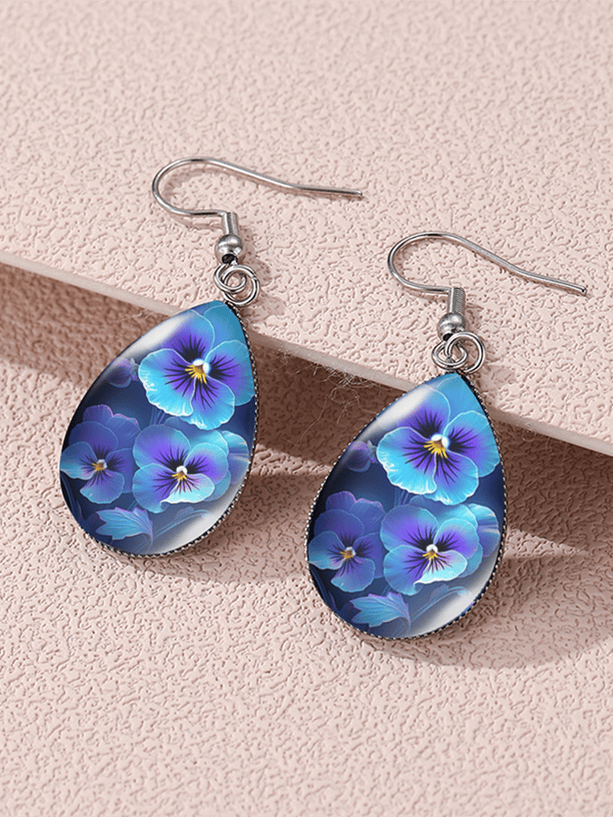 Purple Drop-Shaped Pansy Flower Design Earrings