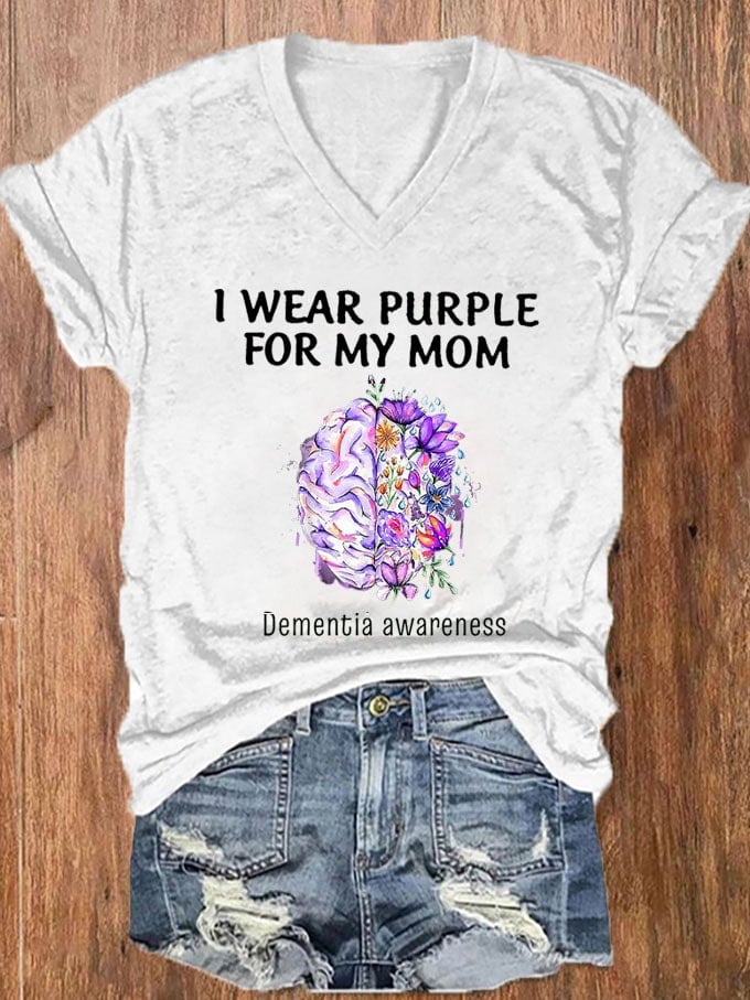 Women's I Wear Purple For My Mom Dementia Awareness Alzheimer's Disease Print V-Neck T-Shirt