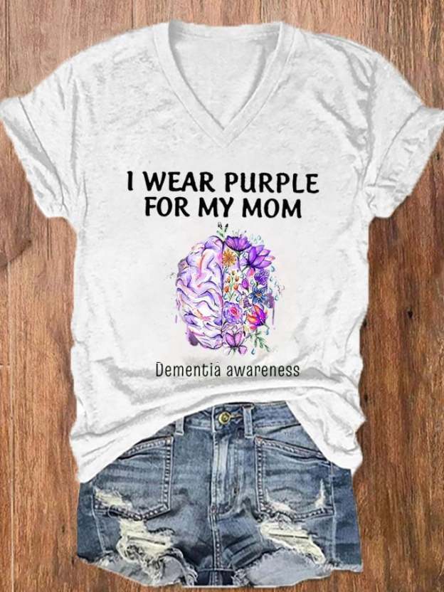 Women's I Wear Purple For My Mom Dementia Awareness Alzheimer's Disease Print V-Neck T-Shirt