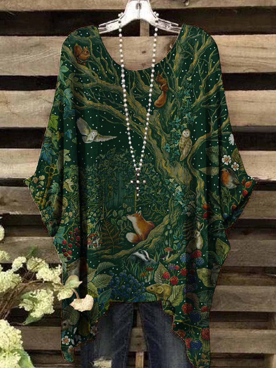 Women's Vintage Forest Fox Bird Floral Print Top