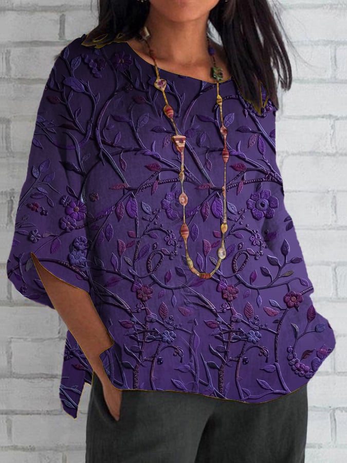 Women's Purple Art Floral Cotton And Linen Top