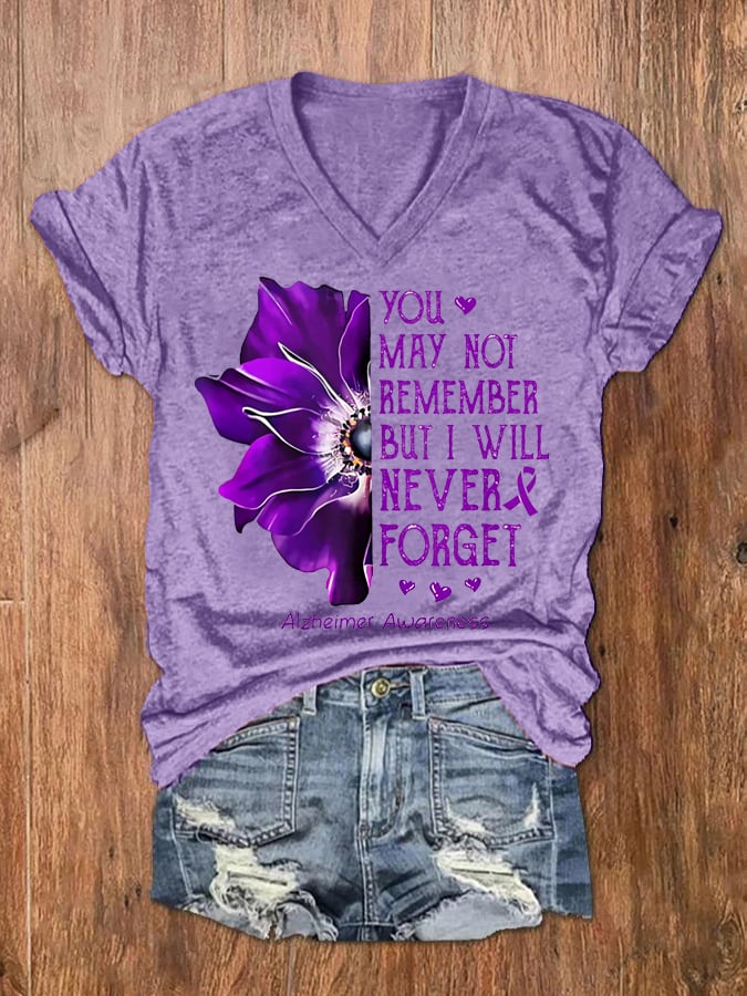 Women's You May Not Remember But I Will Never Forget Purple Alzheimers Awareness V-Neck Tee