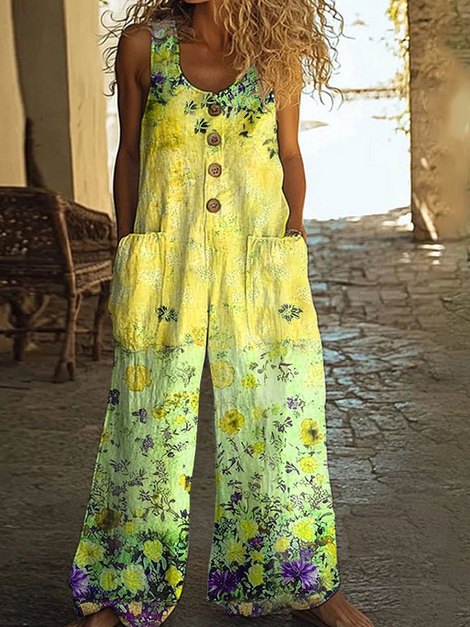 Women's Casual Retro Plant Patchwork Floral Jumpsuit