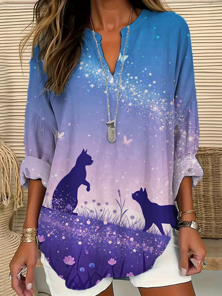 Butterfly & Cat Star Element Printed Women's V-neck Long Sleeve Shirt