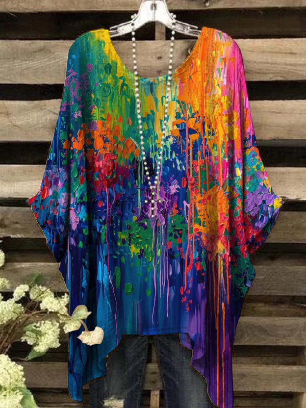Women's Oil Painting Abstract Print Vintage Top