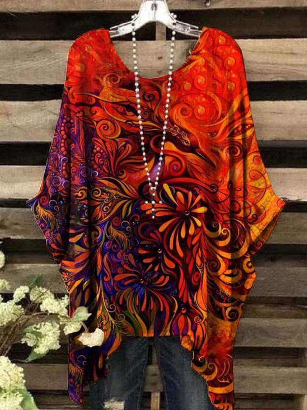 Women's Retro Art Abstract Bird Print Casual Top