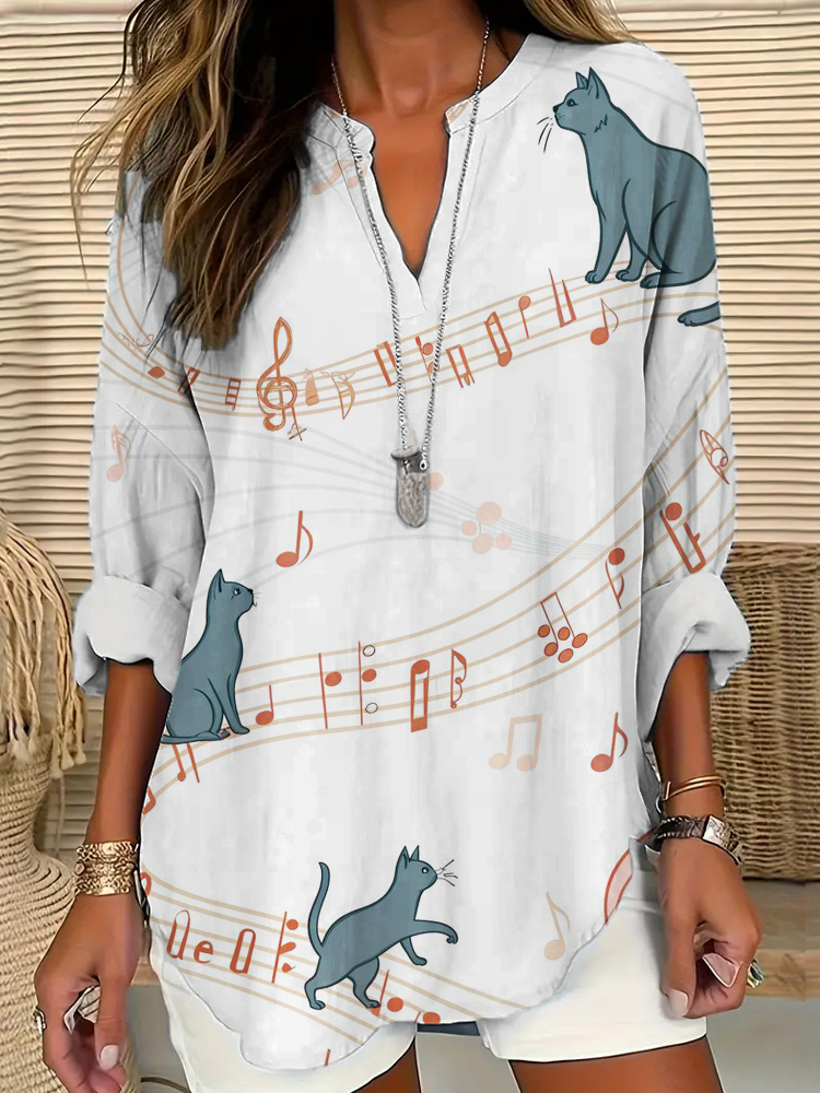 Music Cat Element Printed Women's V-neck Long Sleeve Shirt