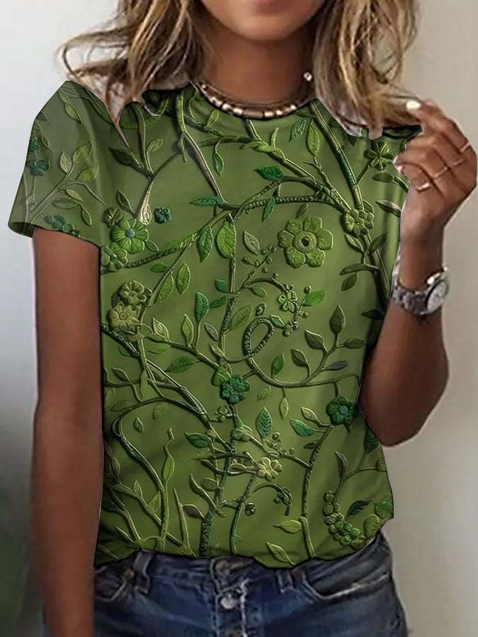 Women's Fashion Casual Retro Purple Floral Art T-Shirt