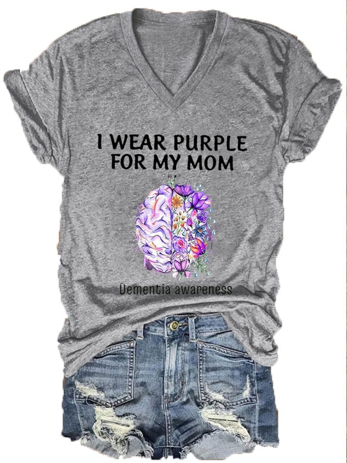 Women's I Wear Purple For My Mom Dementia Awareness Alzheimer's Disease Print V-Neck T-Shirt
