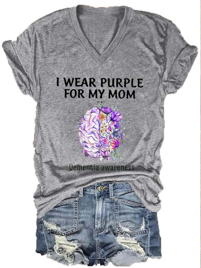 Women's I Wear Purple For My Mom Dementia Awareness Alzheimer's Disease Print V-Neck T-Shirt