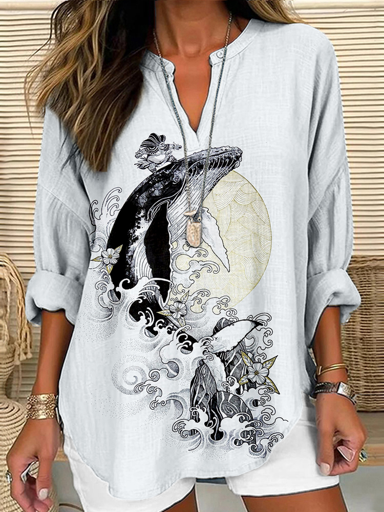 Vintage Japanese Whale Art Linen Blend Cozy Tunic