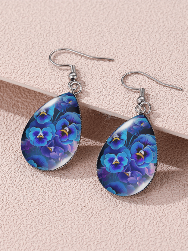 Purple Drop-Shaped Pansy Flower Design Earrings