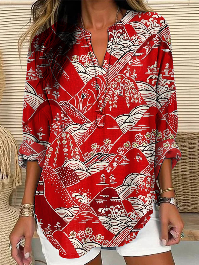 Women's Vintage Japanese Art Print Linen V-neck Shirt