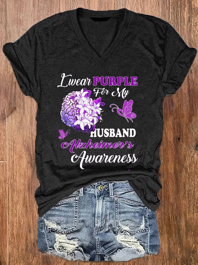 Women's I Wear Purple For My Husband Alzheimer's Disease Awareness Dementia Print V-Neck T-Shirt