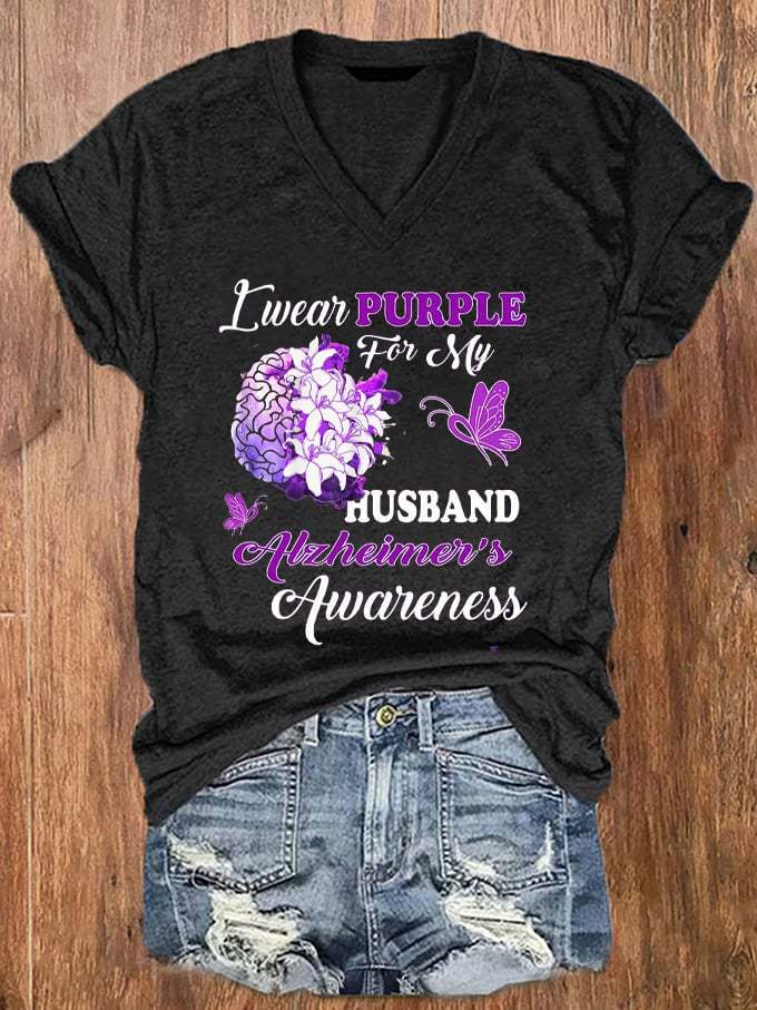 Women's I Wear Purple For My Husband Alzheimer's Disease Awareness Dementia Print V-Neck T-Shirt