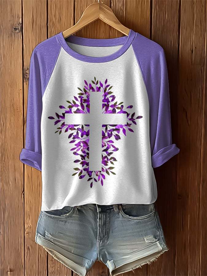 Women's Retro Purple Floral Print Raglan Sleeve T-Shirt