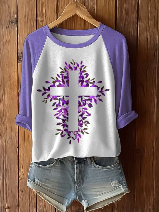 Women's Retro Purple Floral Print Raglan Sleeve T-Shirt