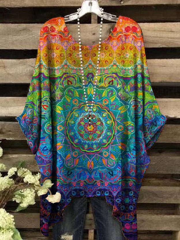 Women's Vintage Colorful Square Continuous Print Casual Top