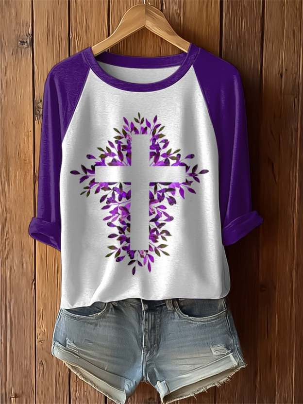 Women's Retro Purple Floral Print Raglan Sleeve T-Shirt
