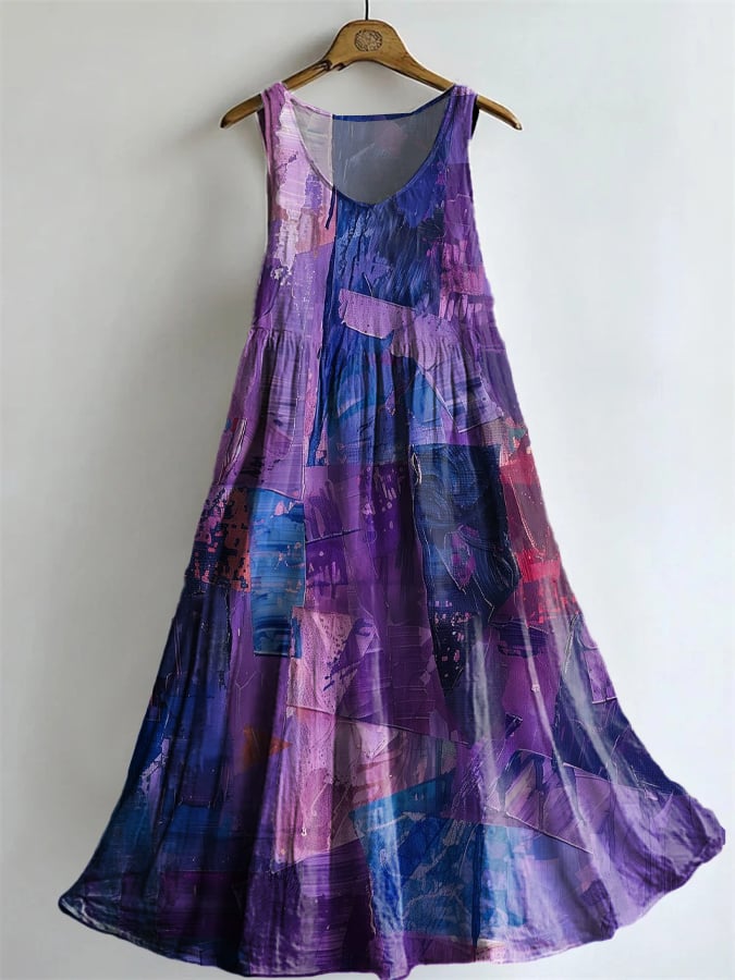 Women's Purple Art Design Printed Cotton And Linen Blend Dress