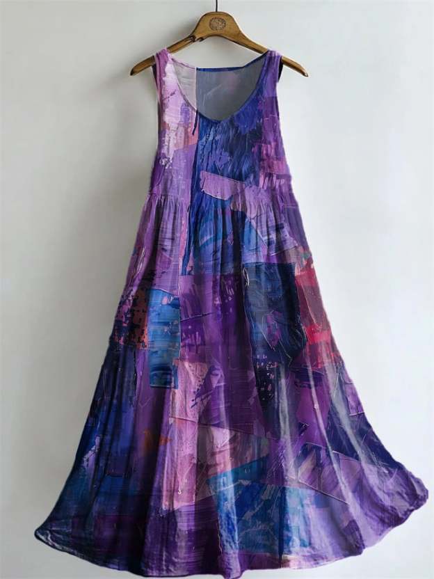 Women's Purple Art Design Printed Cotton And Linen Blend Dress