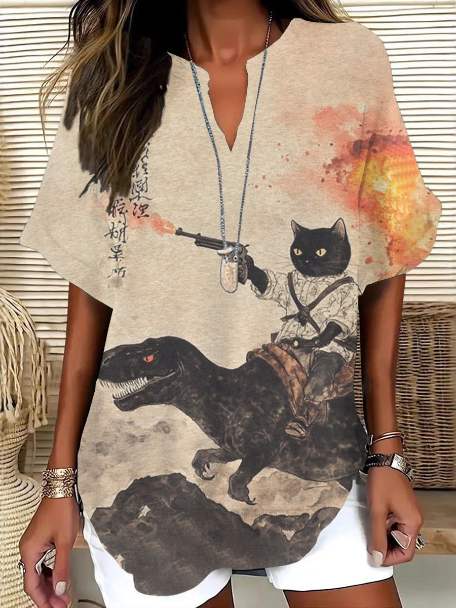 Retro Calligraphy Cat Dinosaur Volcanic Eruption Art Print Short Sleeve Linen V-Neck Shirt