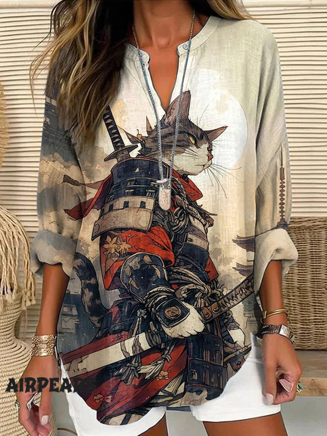 Women's Cat Warrior Guard Art Japanese Art Pattern Linen V-neck Shirt